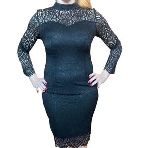 Black Bodycon Midi Dress w/ Lace Overlay S